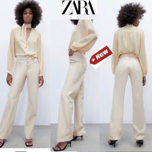 ZARA Ecru Cream vegan faux leather mid rise straight leg pants Sz 6 NWT bloggers